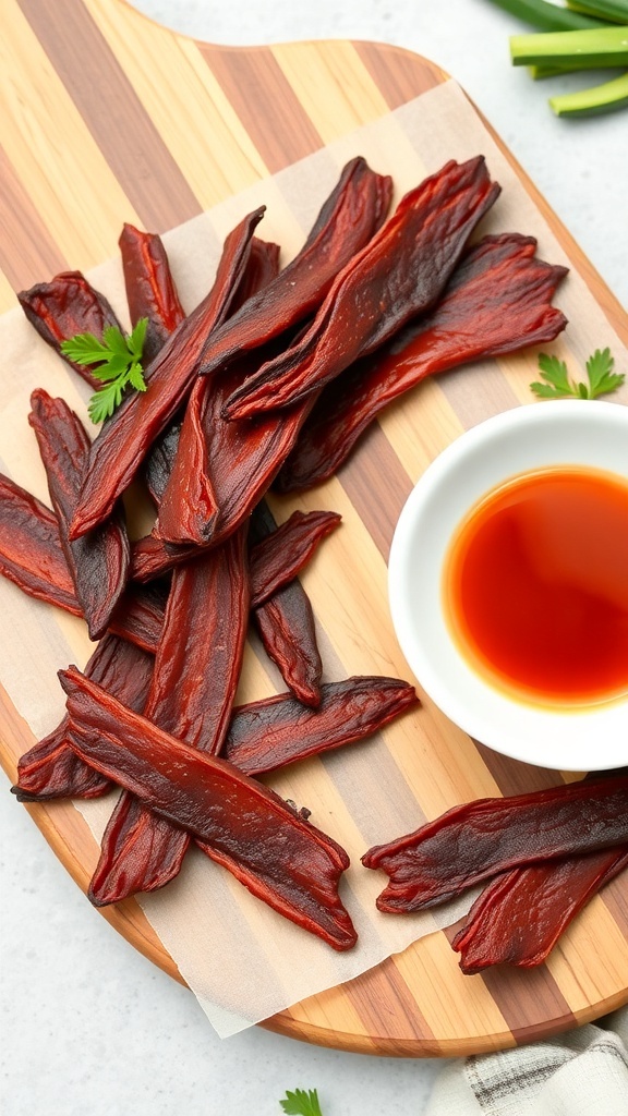 A plate of homemade beef jerky strips on a wooden board with dipping sauce.